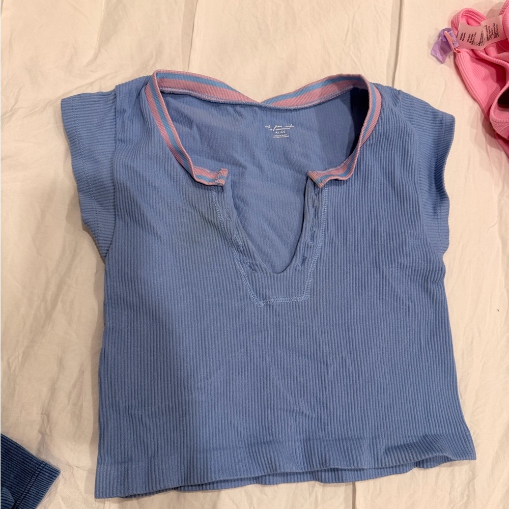 Urban Outfitters Ribbed Blue Tee with Pink Accents
